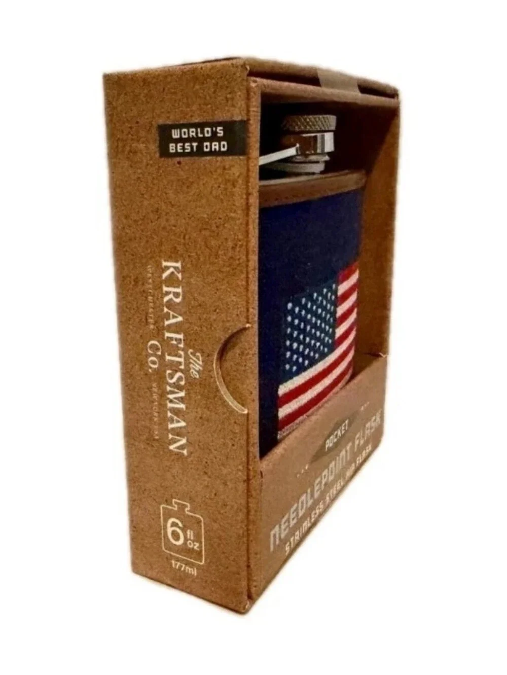 THE KRAFTSMAN CO. :AMERICAN FLAG: NEEDLEPOINT: STAINLESS STEEL: FLASK: 6 OZ: NEW